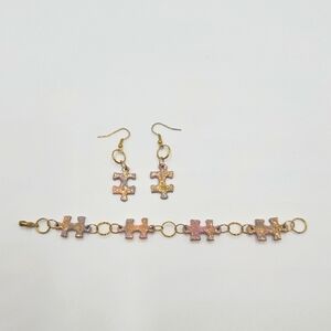 Gold and Pink Puzzle Piece Jewelry Set